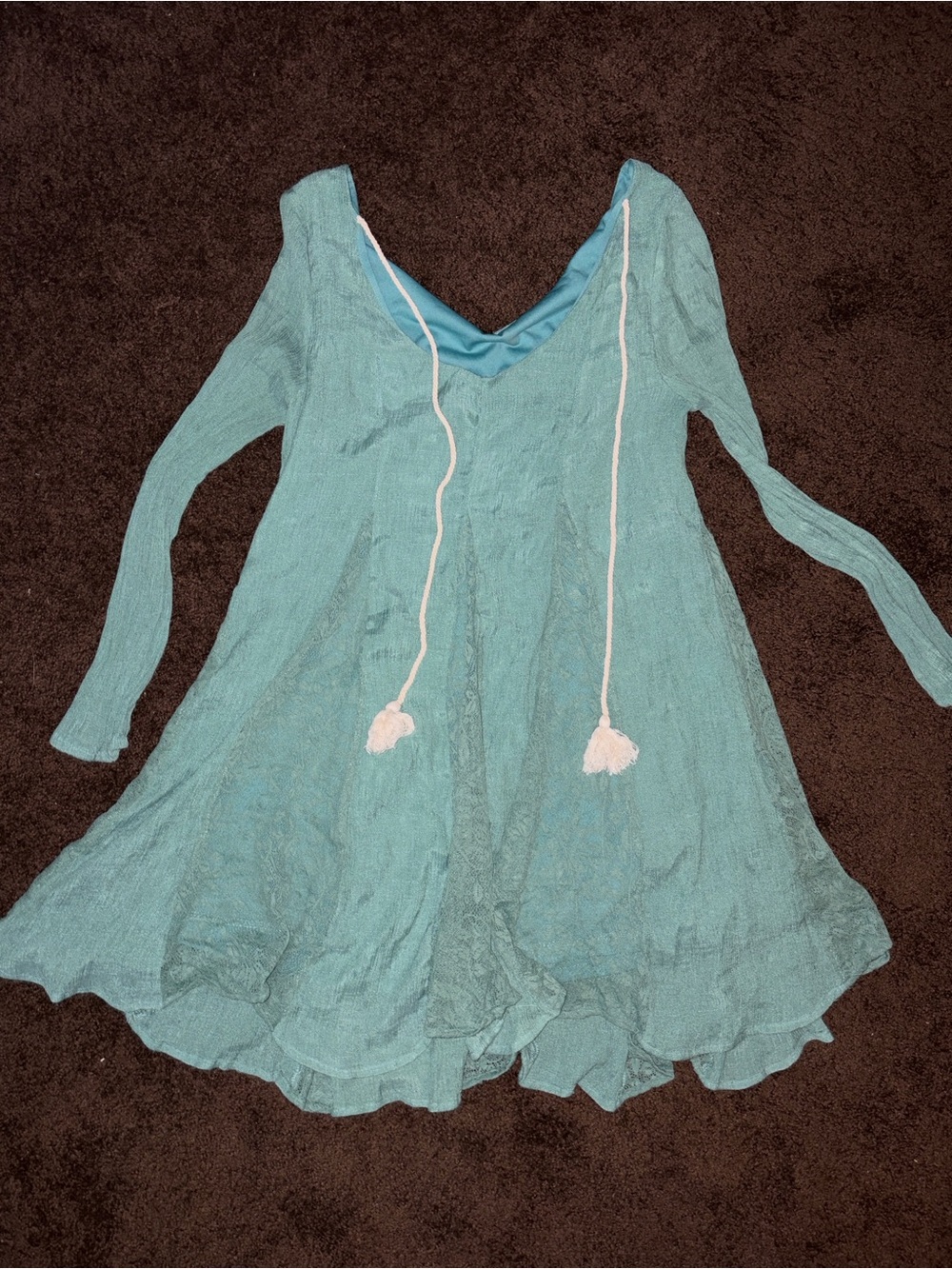 entro Aqua Tie Tassels Textured Long-Sleeve V-Neck Swing Dress